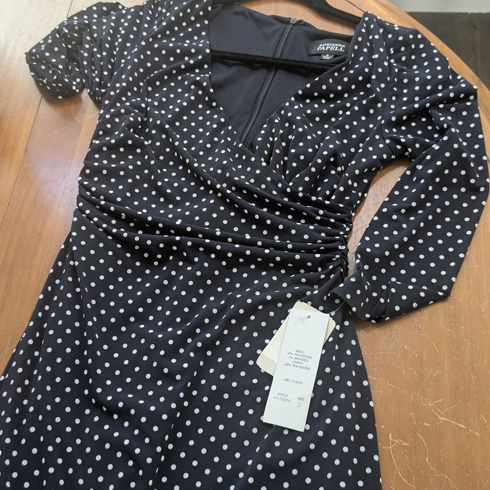 Adrianna Papell Blue White Polka Dot Faux Wrap Dress Ruched V Neck Midi